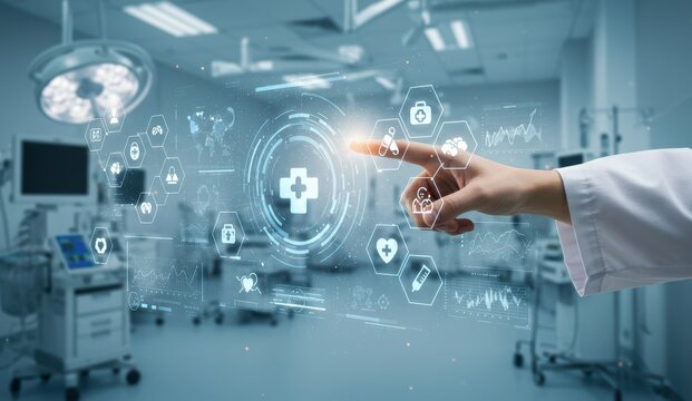 Male doctor touching holographic interface in hospital. Digital health icons represent advanced healthcare technology.