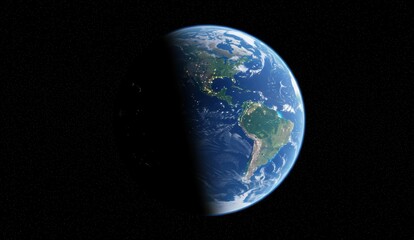 Earth viewed from space showcasing day and night sides with visible continents and oceans. Themes of global awareness.
