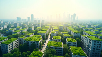 Obraz premium Top View of a City with Green Roofs: Urban Sustainability and Eco-Friendly Architecture in Double Exposure - Perfect for Stock Photos with Copy Space