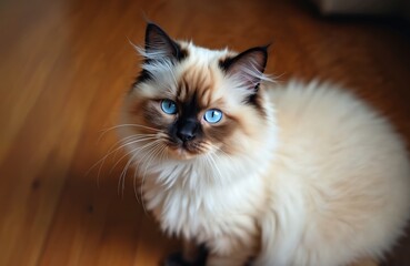 Young purebred Ragdoll cat indoors. Blue eyed kitten portrait. Fluffy fur, white and brown colors. Domestic animal, beautiful pet. Cute young cat, close-up, looking at camera.