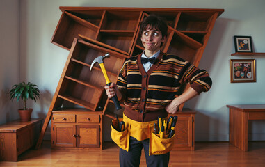 A person clumsily tinkering in front of his poorly fixed piece of furniture, ready to collapse.
