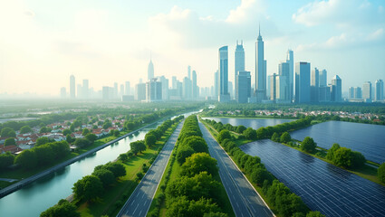 Overhead view of a metropolitan area with green corridors and solar farms symbolizing renewable urban planning in double exposure with copy space. concept as An overhead view of a metropolitan area in