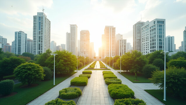 Top view of a city with overlay of community gardens symbolizing urban green spaces in double exposure with copy space. concept as A top view of a city blended with community gardens representing urba
