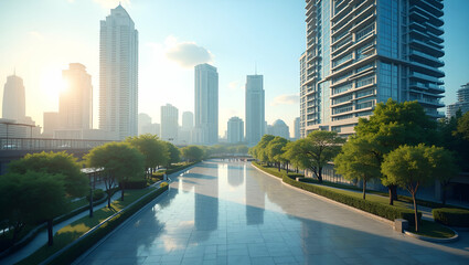 Naklejka premium Urban Livability: Aerial Cityscape with Public Spaces in Double Exposure - Photo Stock Concept