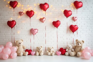 Luminous white backdrop with teddy bears hearts and lights