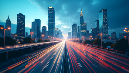 Fototapeta premium 3d Flat icon as Top view of a cityscape with overlay of smart traffic systems symbolizing advanced transportation in double exposure with copy space. concept as A top view of a cityscape intertwined w