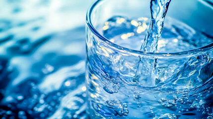 Crystal-clear water gently pouring into a transparent glass, creating refreshing ripples