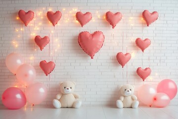 Luminous white backdrop with teddy bears hearts and lights
