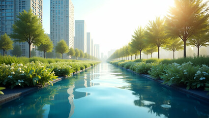Fototapeta premium Eco-Friendly Urban Water Management: 3D Flat Icon with Bio Swale Design