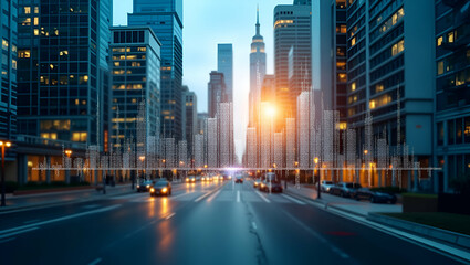 Naklejka premium Photo Realistic Double Exposure: Merging Business Charts with Urban Financial Districts for Stunning Financial Data Visualization - Perfect for Stock Photography