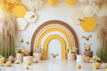 Kawaii hexagons with rainbow bees and vintage elements aesthetic