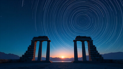 Fototapeta premium Photo Realistic Flat Design: Star Trails Over Ancient Ruins - A Long Exposure Illustration Capturing the Connection Between Past Civilizations and the Cosmos Above