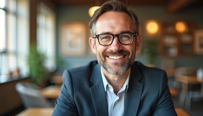 Fototapeta premium Smiling businessman with glasses looks camera, natural light in blurred modern office background. Happy, mature, middle-aged male in smart casual attire. Confident pro, executive in workplace.
