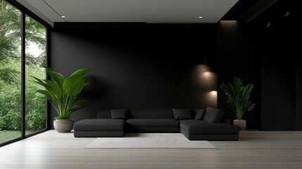 Fototapeta premium Modern minimalist living room with black walls and a large sectional sofa, bathed in natural light from large windows overlooking a lush garden