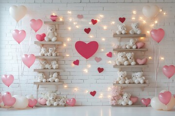 Vintage shelves filled with teddy bears heart decor luminous backdrop