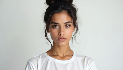 Beautiful brunette woman portrait. Calm facial expression. Female with dark hair in bun wearing white t-shirt, isolated on white background. Confident Indian model, studio shot.