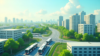 Naklejka premium Eco-Friendly Urban Living: 3D Flat Icon of City with Green Spaces & Transport