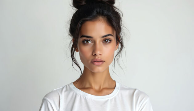 Beautiful brunette woman portrait. Calm facial expression. Female with dark hair in bun wearing white t-shirt, isolated on white background. Confident Indian model, studio shot.