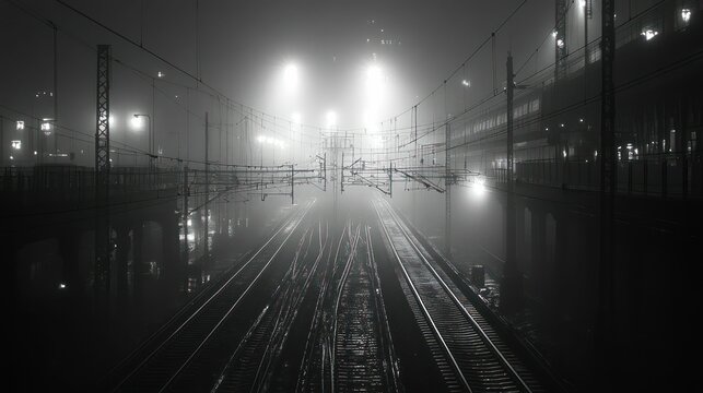 Foggy night railway tracks vanishing into light