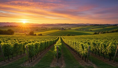 Fototapeta premium Vineyard with grapevines at sunset in wine country showcasing natural beauty and tranquility.