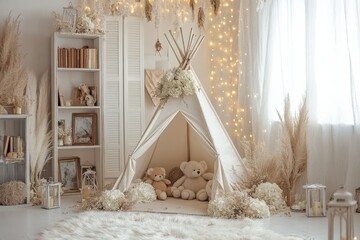 Bohemian bedroom with teepee teddy bears and vintage decor