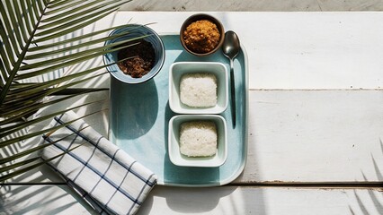 Naklejka premium Flat Lay of Sri Lankan Milk Rice (Kiribath) with Lunu Miris and Coconut Sambal – Traditional Breakfast Scene 26