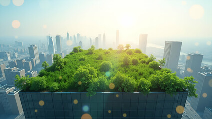 Fototapeta premium Photo realistic as Overhead view of a cityscape with green roof overlay symbolizing sustainable architecture in double exposure with copy space. concept as An overhead view of a cityscape blended with