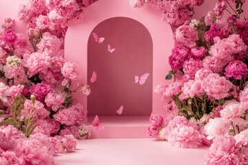 Shimmering pink floral panel with butterflies in luminous setting