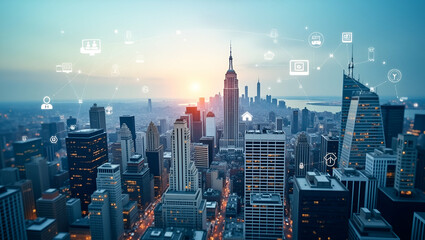 Obraz premium Top view of a cityscape with overlay of digital marketing symbols symbolizing urban commerce in double exposure with copy space. concept as A top view of a cityscape intertwined with digital marketing