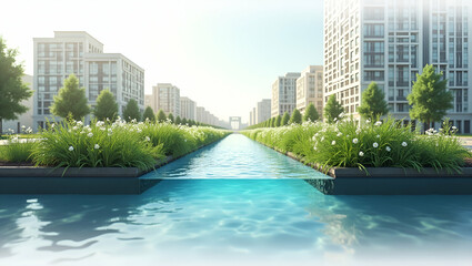 Naklejka premium 3d Flat icon as Overhead view of an urban area with bio swale overlay symbolizing eco friendly water management in double exposure with copy space. concept as An overhead view of an urban area intertw