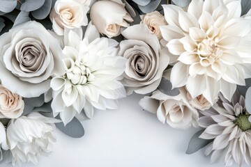 A floral arrangement featuring a variety of elegant white and pale pink flowers with green leaves, creating a serene and sophisticated aesthetic.