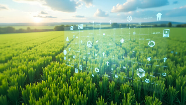 3d Flat icon as Top view of a farming area with weather data overlay symbolizing data informed farming in double exposure with copy space. concept as A top view of a farming area intertwined with weat