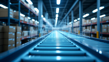 Photo Realistic Double Exposure of a Conveyor System and Warehouse Design Blueprint: Optimizing Layout for Enhanced Efficiency with Copy Space for Customization