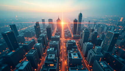 Fototapeta premium Futuristic Cityscape: Aerial View with Drone Delivery Paths - Advanced Logistics Concept for Photo Stock with Copy Space