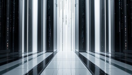 Modern Data Center with Futuristic Aesthetic and Reflective Surfaces.