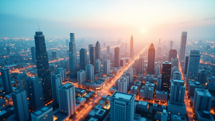 Obraz premium 3d Flat icon as Top view of a city with overlay of tech innovation hubs symbolizing modern business districts in double exposure with copy space. concept as A top view of a city blended with tech inno