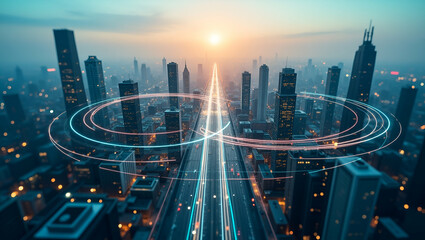 Futuristic City Drone Delivery Paths: Aerial View with Copy Space