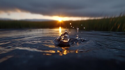 Naklejka premium Stone dropped in water, sunset reflection