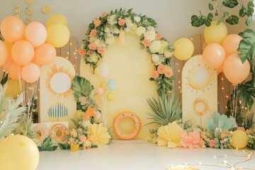 Creamy pastel watercolor with balloon garland and cardboard decor