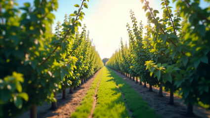 Naklejka premium AI-Driven Farming: Top View of Orchard with Technology Overlay for Stock Photos
