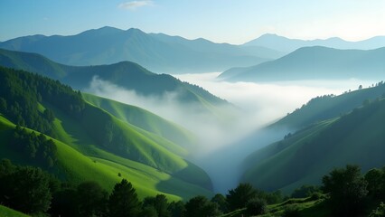 Fototapeta premium The fairyland in the mountains shrouded in clouds and mist