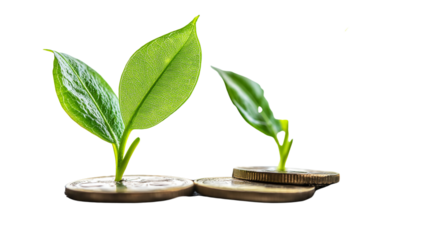 Close-up of green plants growing on coins, symbolizing growth and business development