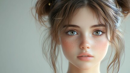 Freckled girl serene gaze soft light
