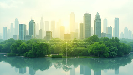 3d Flat icon as Overhead view of a city with urban forests and smart grids symbolizing green city planning in double exposure with copy space. concept as An overhead view of a cityscape intertwined wi