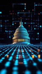 A futuristic depiction of a prominent dome structure surrounded by a digital landscape of glowing nodes and connections.