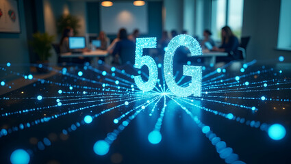 Obraz premium Overhead View of a Modern Workspace with 5G Technology Overlay: Symbolizing Business Innovation and Connectivity - Ideal for Stock Photo Use with Copy Space