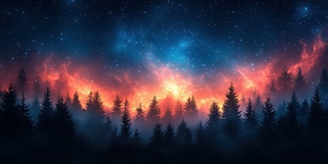 Dramatic night sky illuminated by vibrant colors over silhouetted pine trees in a tranquil forest setting