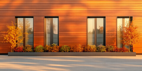 Modern architecture with colorful autumn foliage in a residential setting