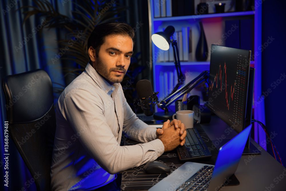Poster profile of smart trader businessman looking camera analyzing in dynamic stock exchange investment on