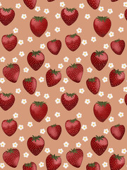 Seamless pattern with strawberries and white flowers.